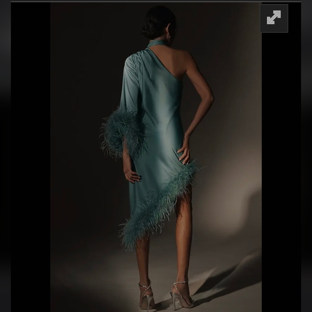 Hutch Asymmetrical Teal Dress with Feather Trim - Picture 2 of 11